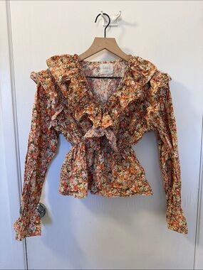 Amail Orange Floral Ruffle Peplum Blouse